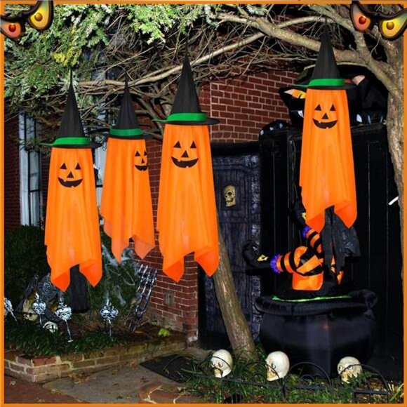 2 Pack Halloween Decorations, Pumpkin Wizard Hat Pre-Installed Pumpkin Ghosts - Picture 3 of 8